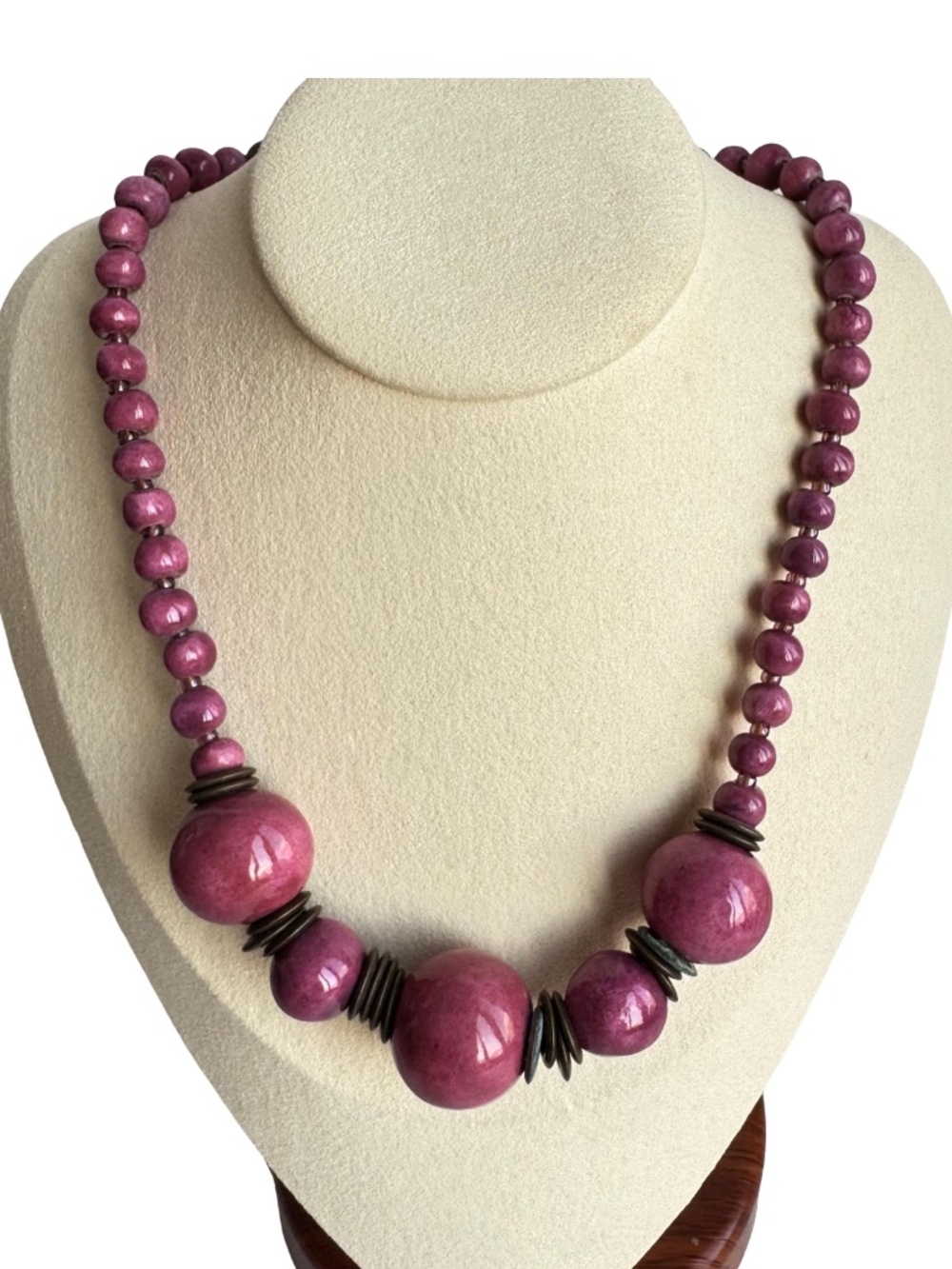 Vintage Pink Porcelain Beaded Necklace Japanese Kutani Glass Brass SpacerJewelry